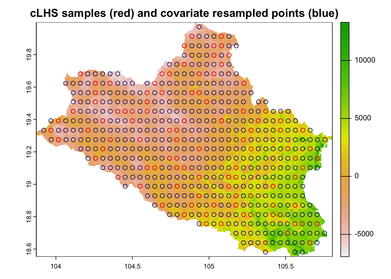 cLHS sampling points on point-grid transformed raster covariate data