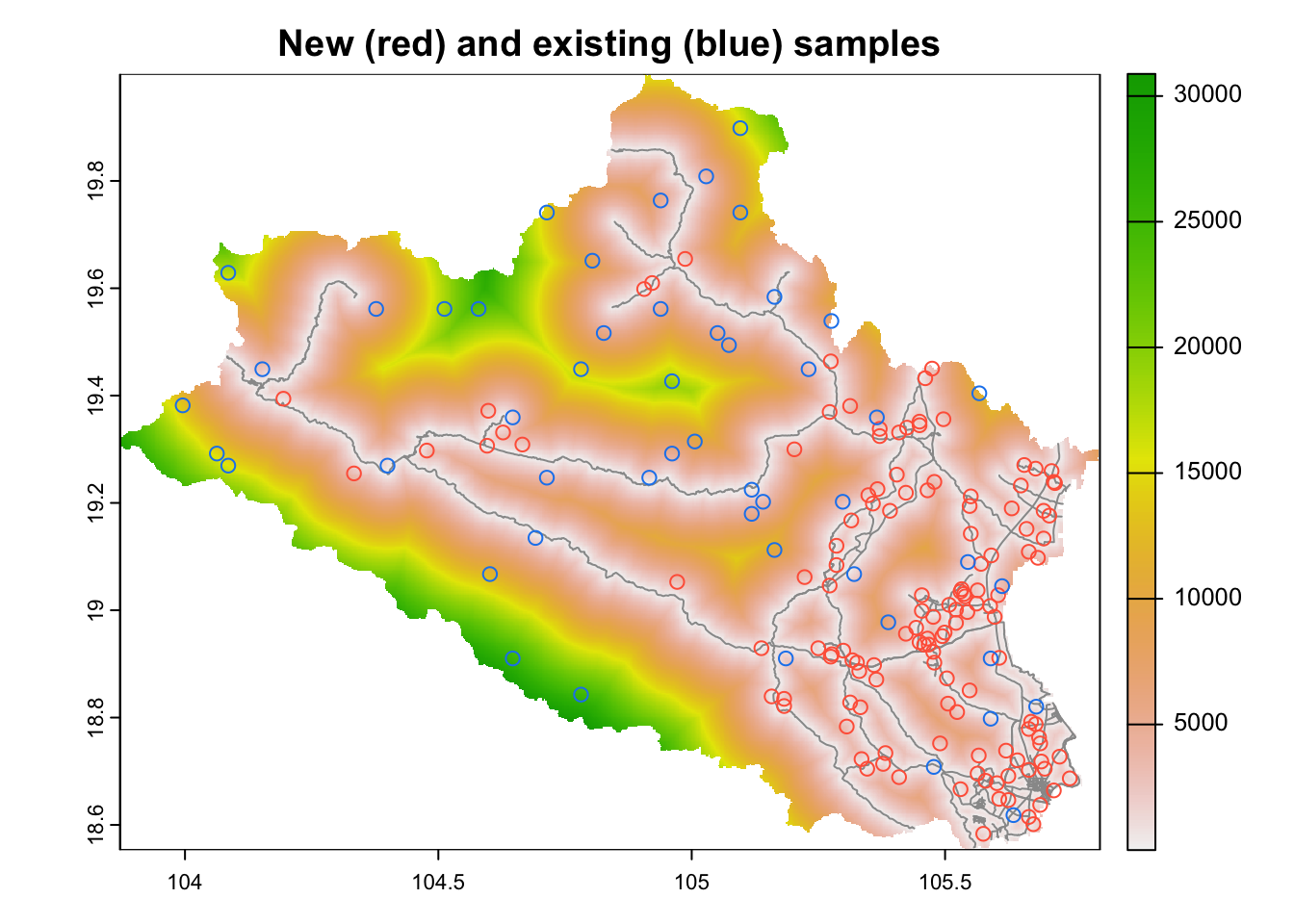 cLHS sampling with legacy data, cost surface and distance buffers around roads