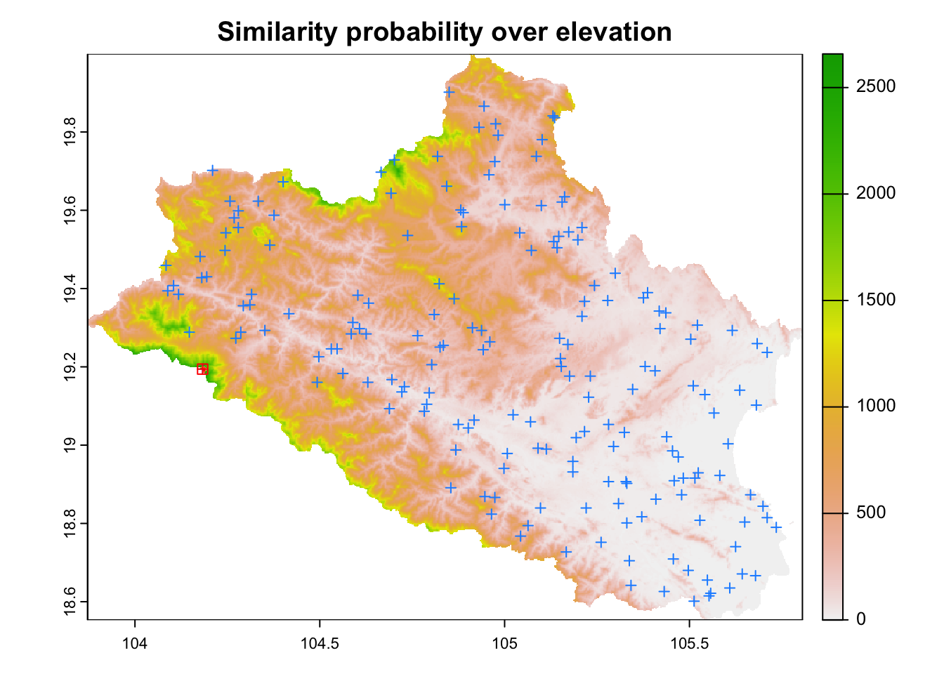 Probability of similarity in the buffer for the first cLHS point (in black) over elevation. The blue crosses represent the location of the remaining cLHS points from the analysis.